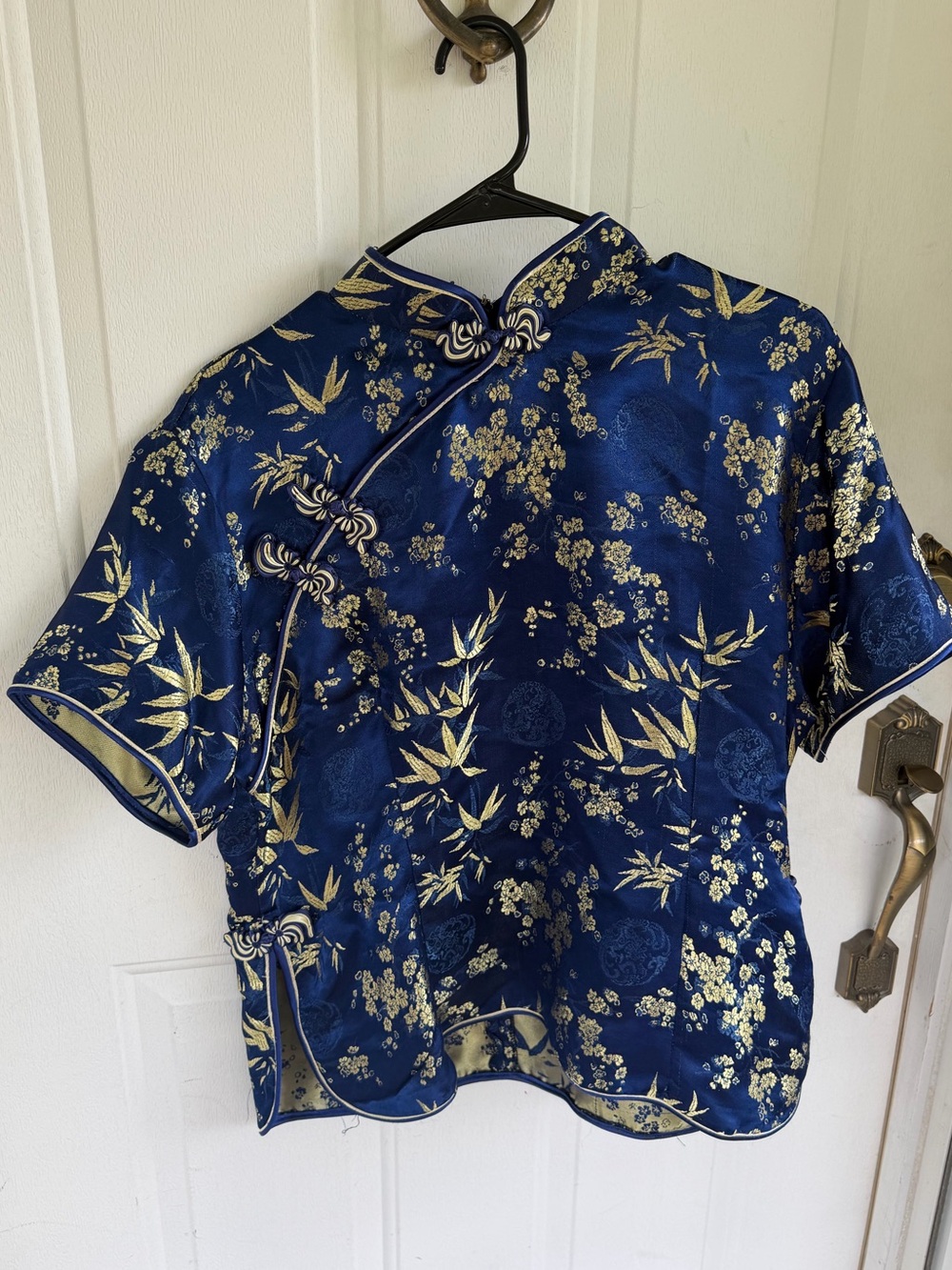KevinT Blue Gold Silk Brocade Mandarin Collar Frog Closure Top XL oriental style
